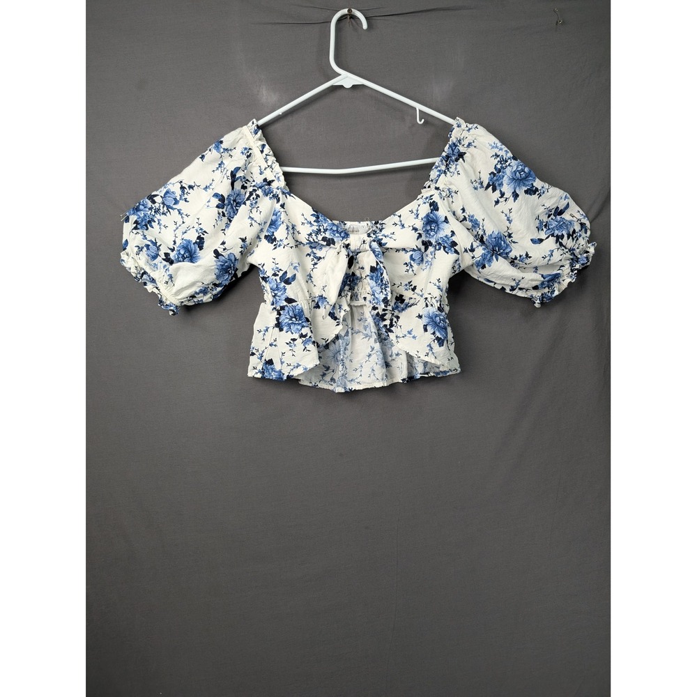 Sienna Sky Blue Floral Puff Sleeve Tie Front Smocked Back Crop Top M